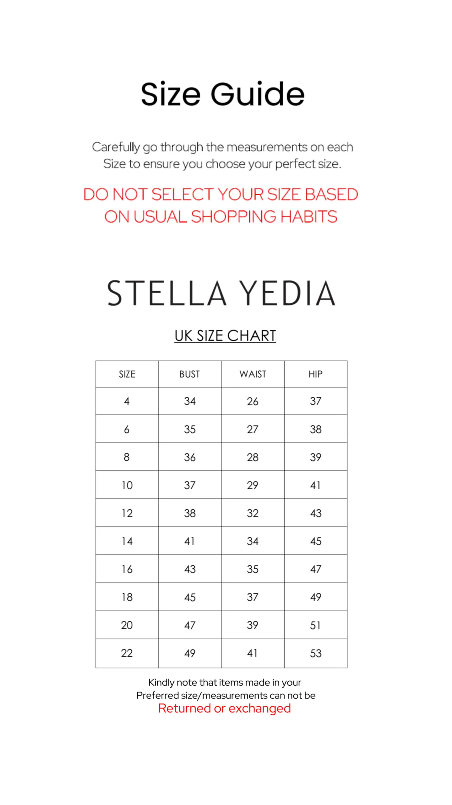 Stella Yedia Size Chart